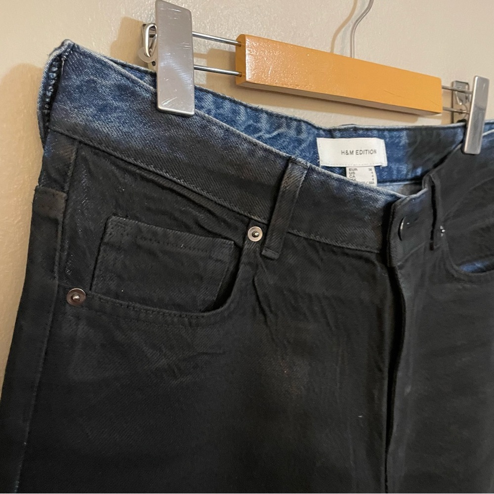 H&M Edition Blue Denim Wide Leg Jeans with Black Wax Coating – Size 4 Like New - Picture 3 of 16